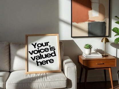 Your Voice Is Valued Here Poster | White Minimalist Wall Art Print | Motivational Quote | Inclusive Office & Mindset Decor