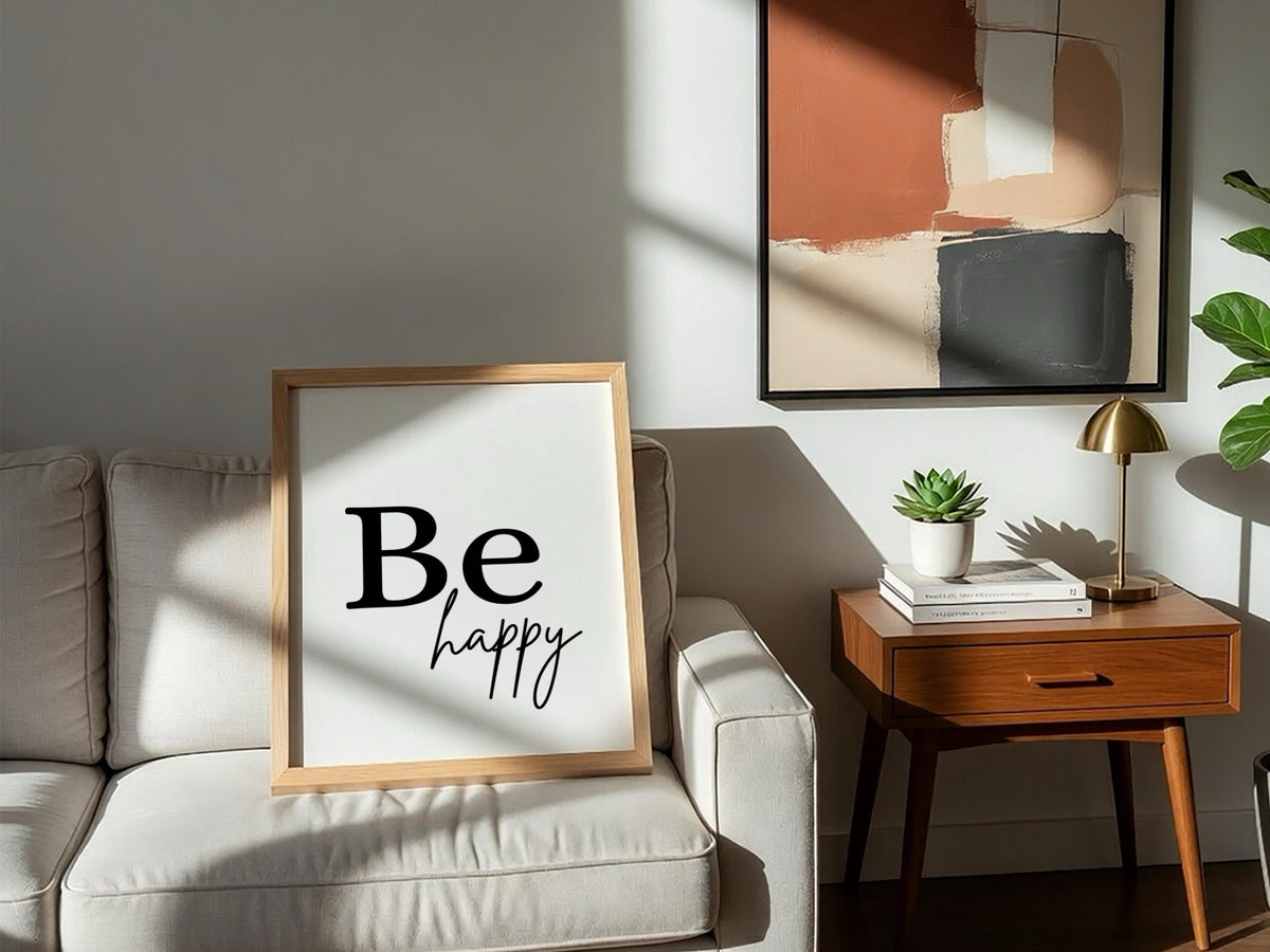Be Happy Poster | Minimalist Wall Art Print | Modern Typography Quote | Neutral Home Decor | Scandinavian Style Artwork