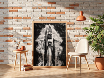 Aerial Speedboat Ocean Wake Poster | Black and White Photography Print | Coastal Wall Art | Modern Nautical Decor | Fine Art Photo