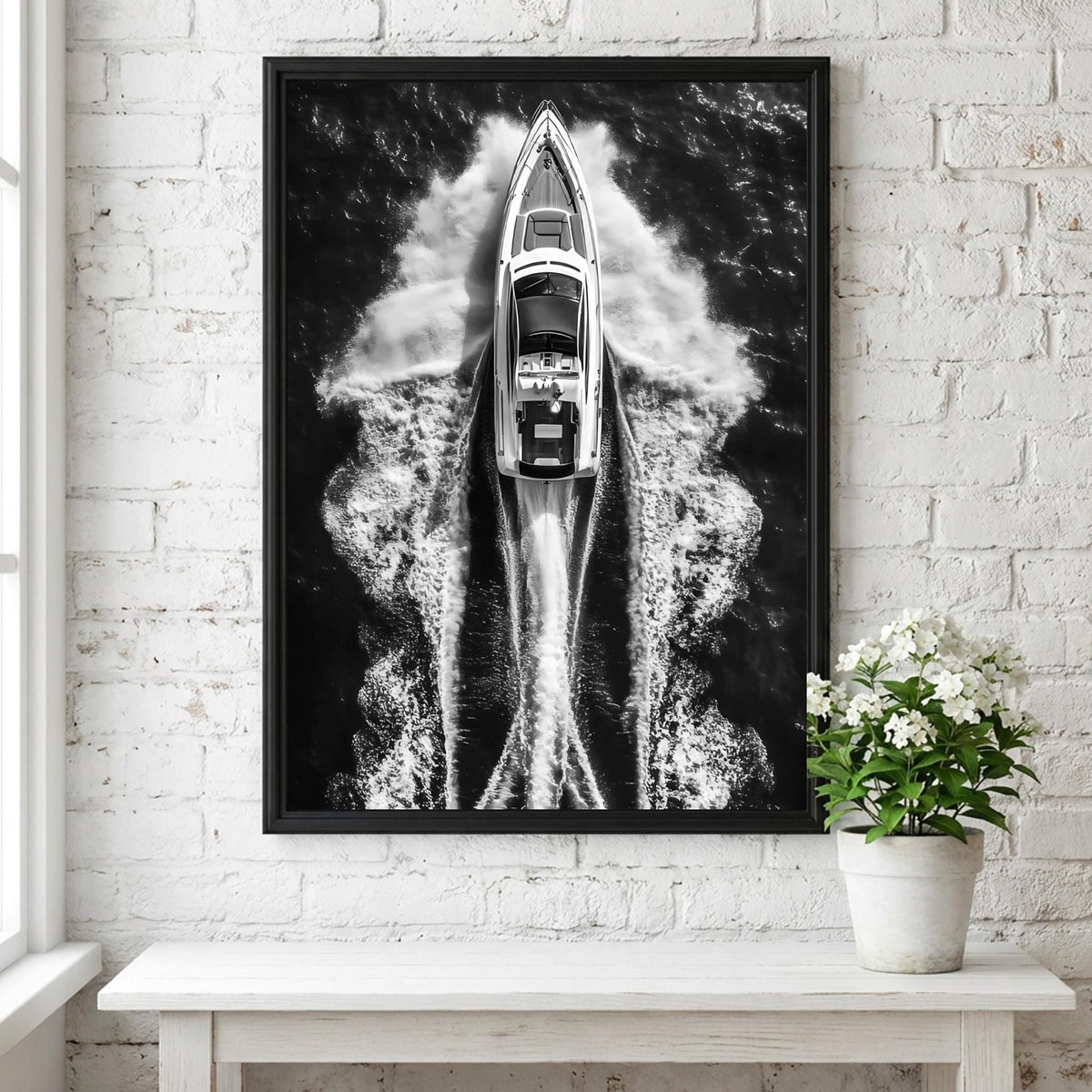 Aerial Speedboat Ocean Wake Poster | Black and White Photography Print | Coastal Wall Art | Modern Nautical Decor | Fine Art Photo