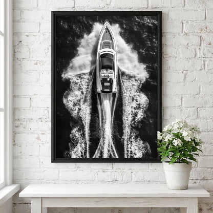 Aerial Speedboat Ocean Wake Poster | Black and White Photography Print | Coastal Wall Art | Modern Nautical Decor | Fine Art Photo