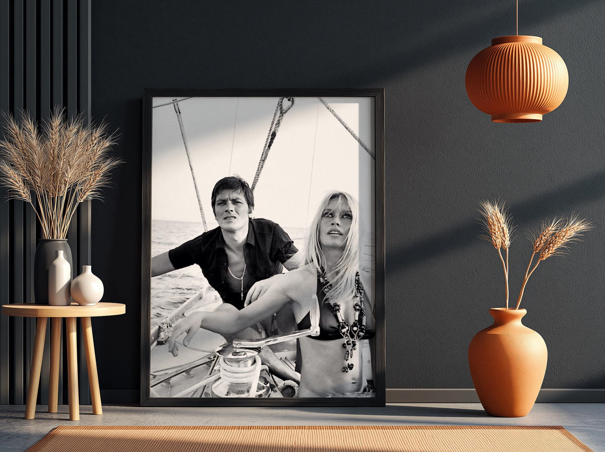 Vintage Couple Sailing Poster | Black and White Photography Print | Retro Coastal Wall Art | Classic Lifestyle Photo Decor
