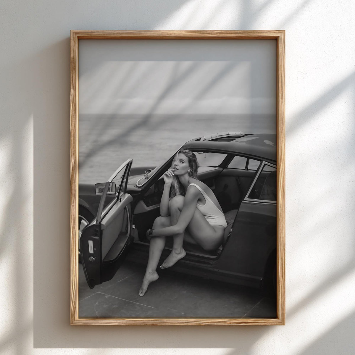 Beach Roadster Getaway Poster | Black and White Photography Print | Vintage Car Wall Art | Coastal Lifestyle Decor | Monochrome Photo