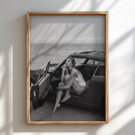 Beach Roadster Getaway Poster | Black and White Photography Print | Vintage Car Wall Art | Coastal Lifestyle Decor | Monochrome Photo