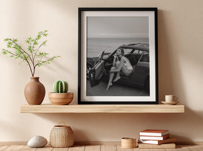 Beach Roadster Getaway Poster | Black and White Photography Print | Vintage Car Wall Art | Coastal Lifestyle Decor | Monochrome Photo