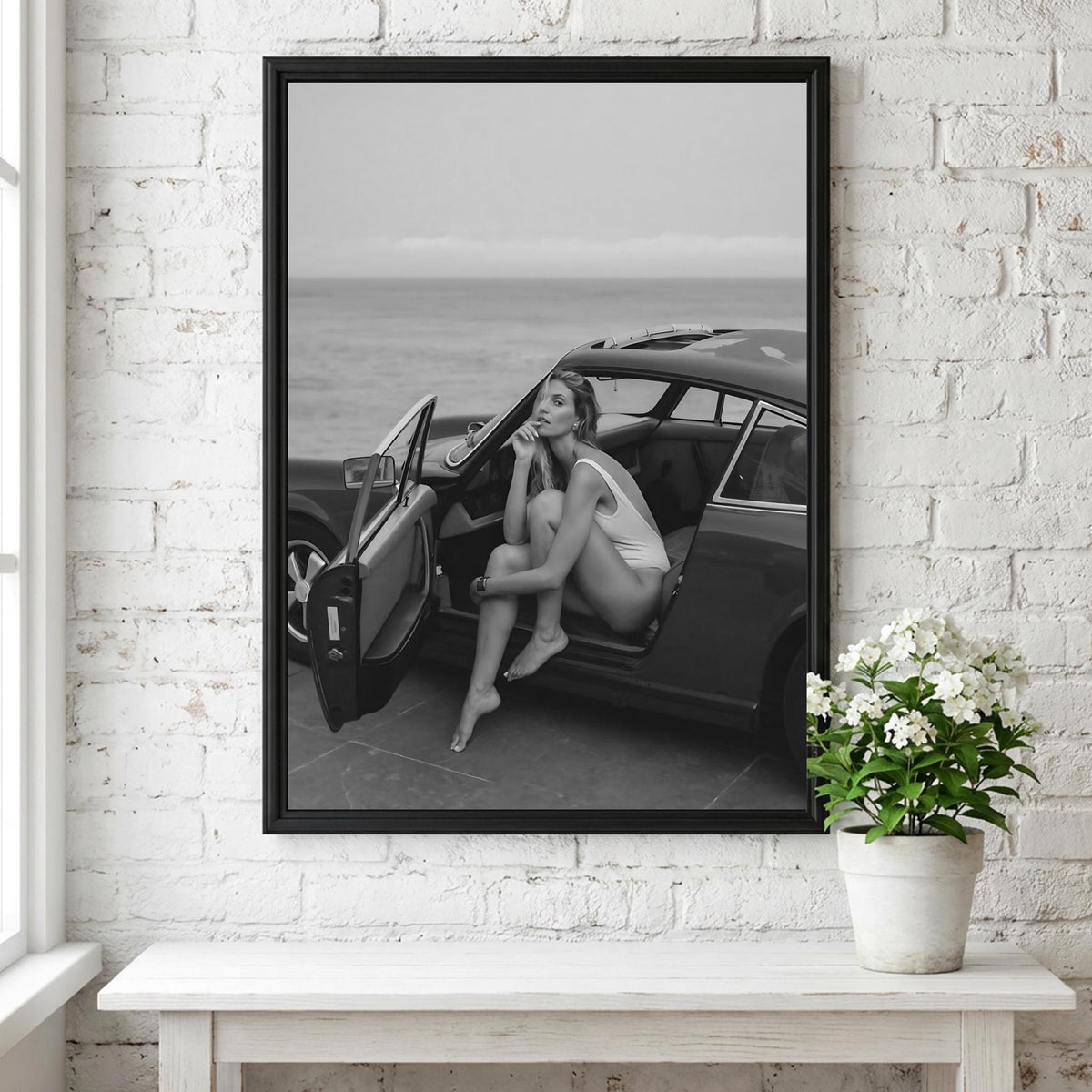 Beach Roadster Getaway Poster | Black and White Photography Print | Vintage Car Wall Art | Coastal Lifestyle Decor | Monochrome Photo