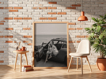 Beach Roadster Getaway Poster | Black and White Photography Print | Vintage Car Wall Art | Coastal Lifestyle Decor | Monochrome Photo