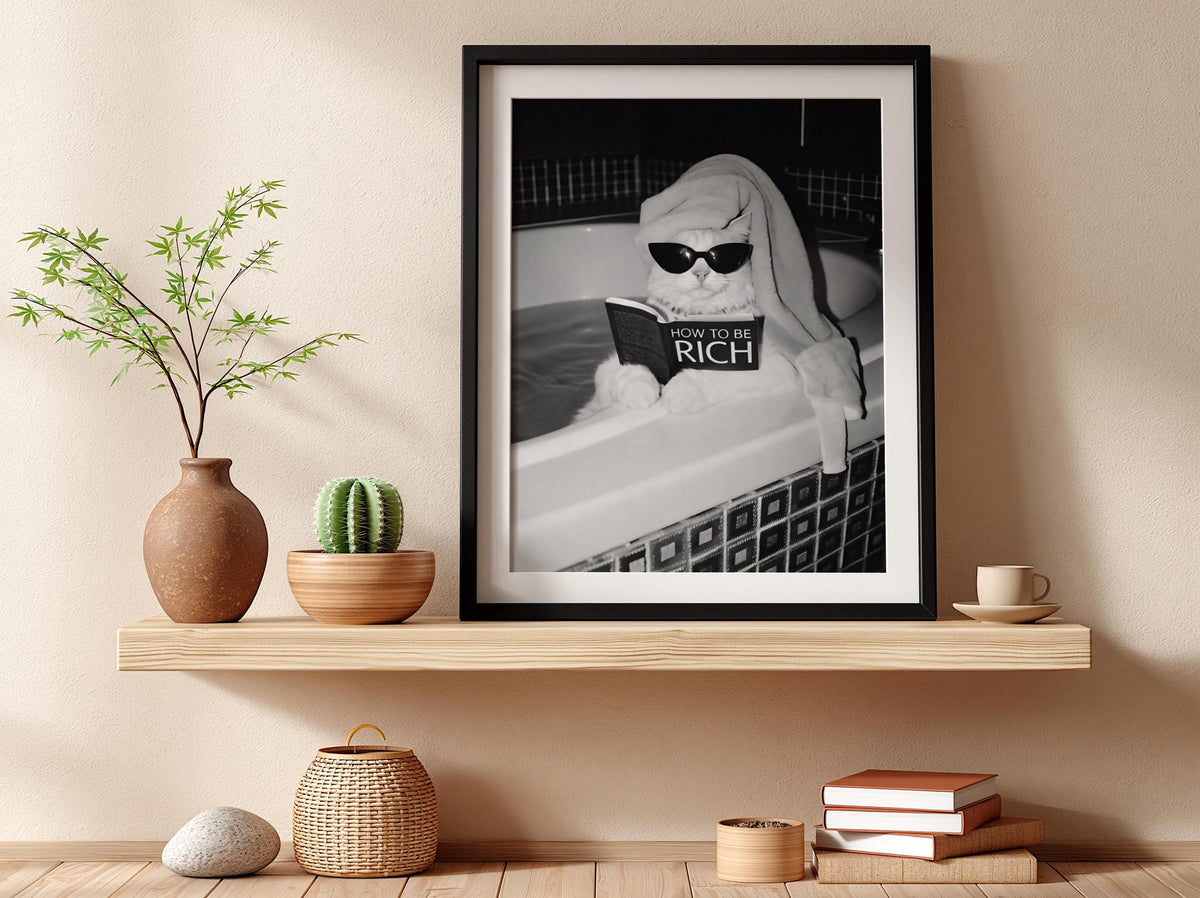 Cat Reading How To Be Rich Poster | Black and White Art Print | Funny Animal Wall Decor | Vintage Style Home Artwork