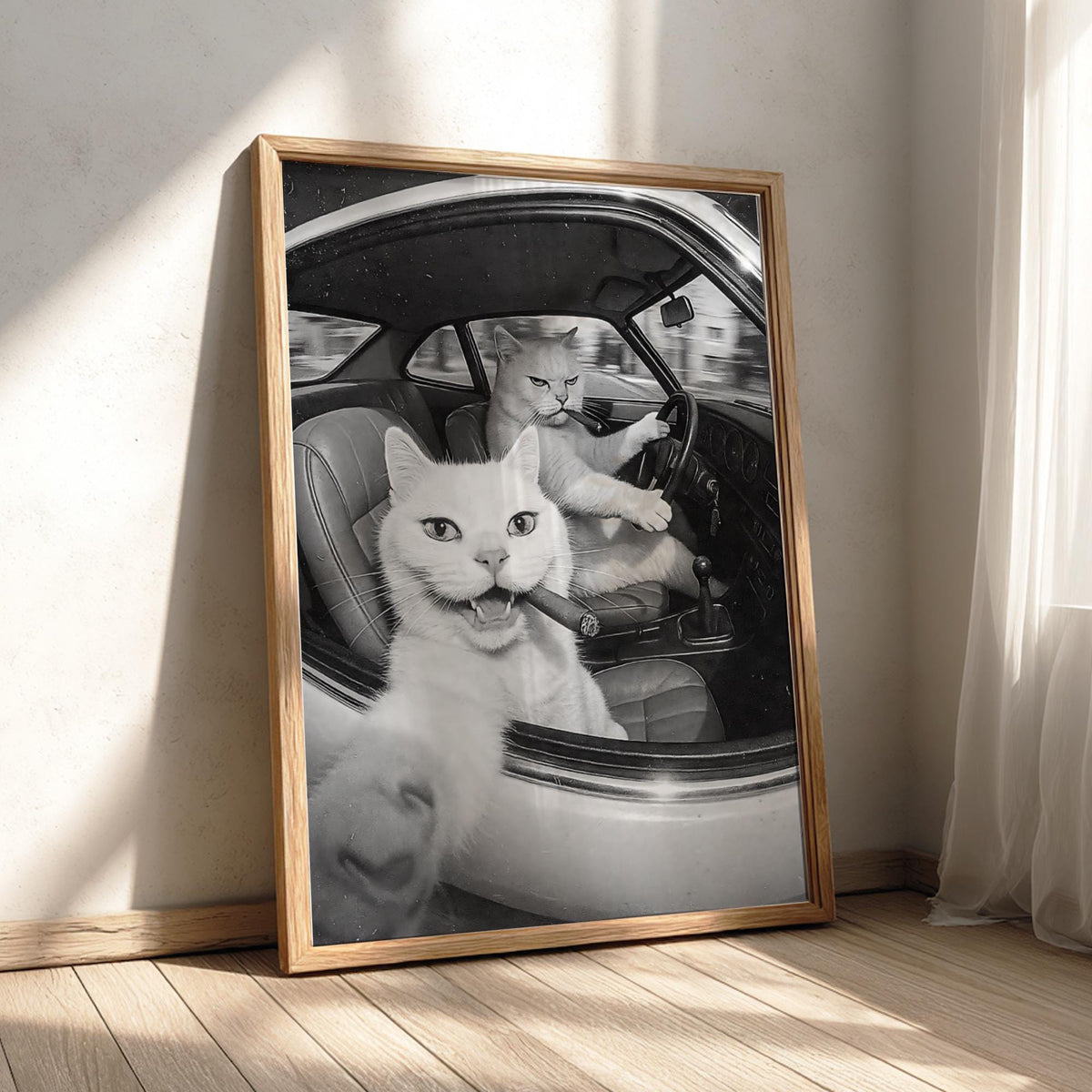 Cats Driving Cigars Poster | Black and White Art Print | Funny Animal Wall Decor | Vintage Humor Artwork | Unique Statement Piece