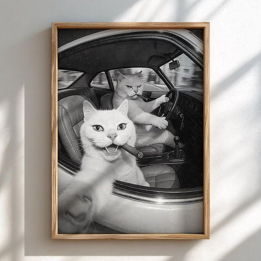 Cats Driving Cigars Poster | Black and White Art Print | Funny Animal Wall Decor | Vintage Humor Artwork | Unique Statement Piece