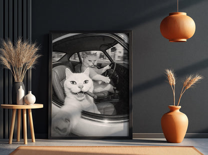 Cats Driving Cigars Poster | Black and White Art Print | Funny Animal Wall Decor | Vintage Humor Artwork | Unique Statement Piece