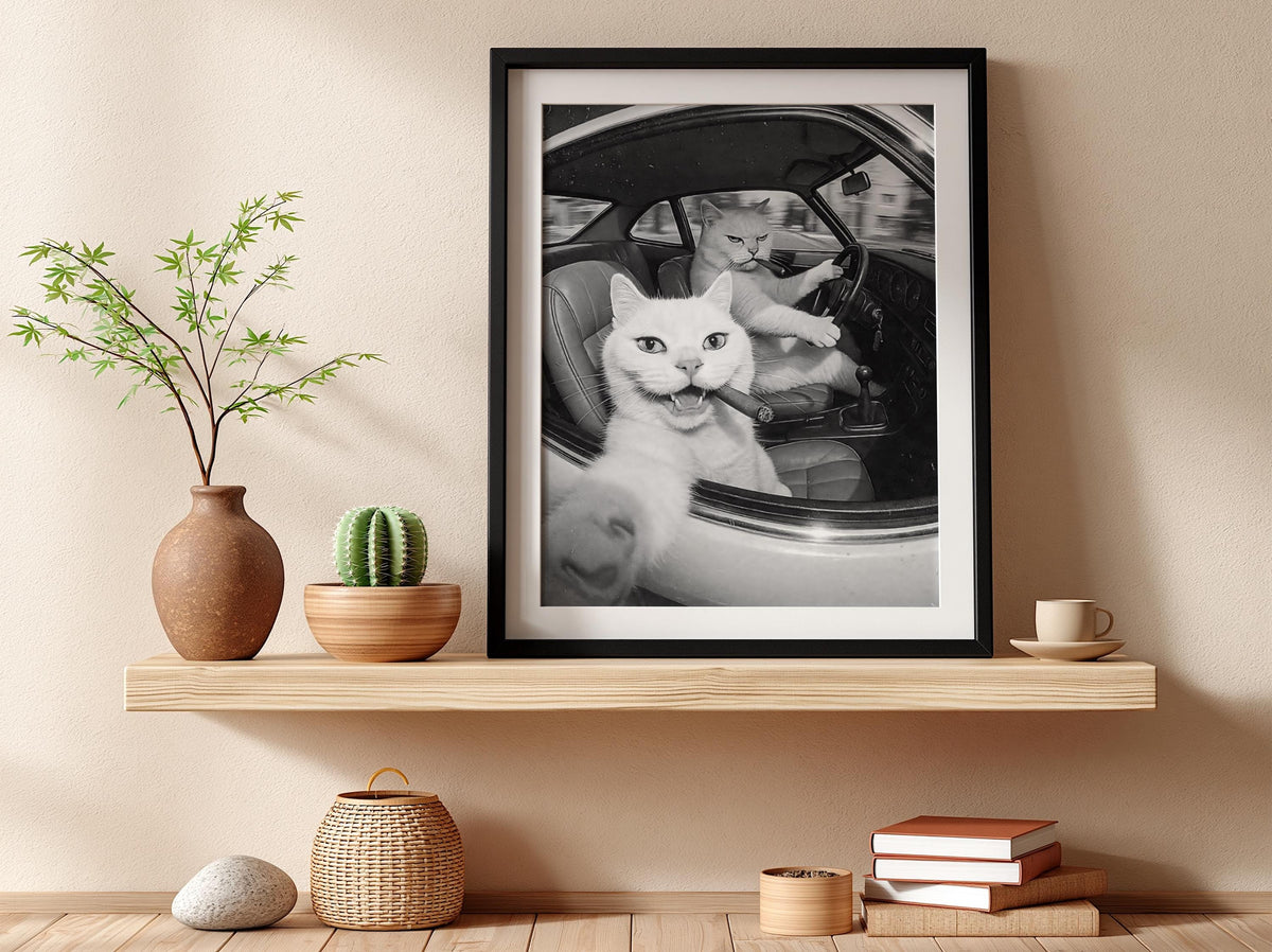 Cats Driving Cigars Poster | Black and White Art Print | Funny Animal Wall Decor | Vintage Humor Artwork | Unique Statement Piece