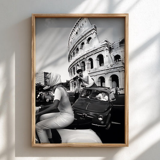 Colosseum Moto Street Scene Poster | Black and White Photography Print | Rome Travel Wall Art | Vintage Italian Lifestyle Decor