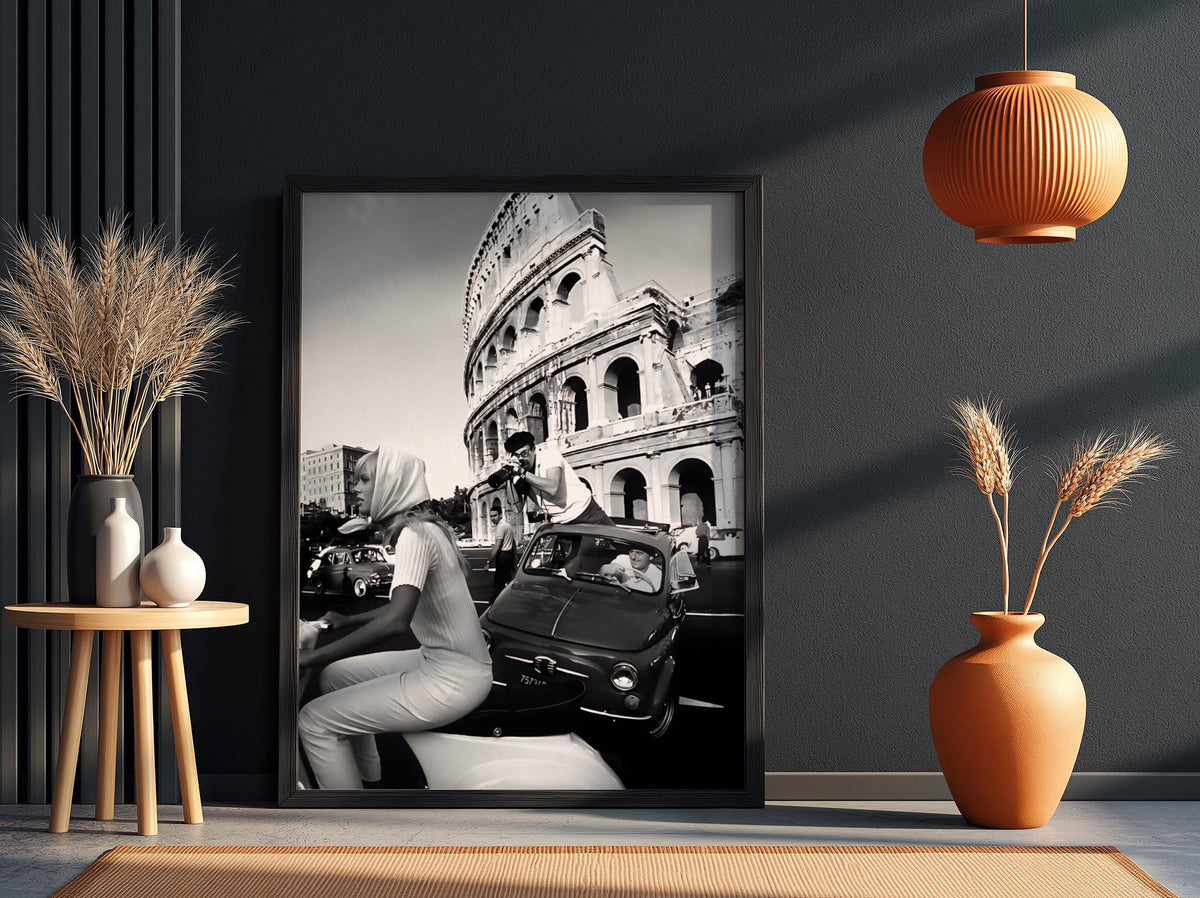 Colosseum Moto Street Scene Poster | Black and White Photography Print | Rome Travel Wall Art | Vintage Italian Lifestyle Decor