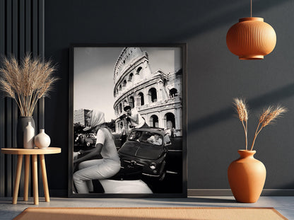 Colosseum Moto Street Scene Poster | Black and White Photography Print | Rome Travel Wall Art | Vintage Italian Lifestyle Decor