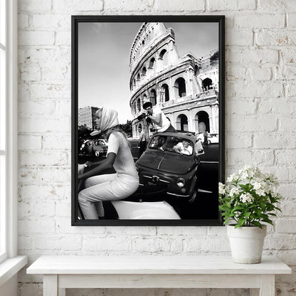 Colosseum Moto Street Scene Poster | Black and White Photography Print | Rome Travel Wall Art | Vintage Italian Lifestyle Decor