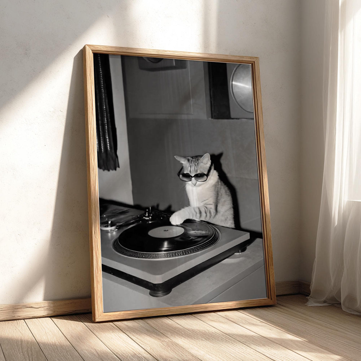 Cool Cat DJ Turntable Poster | Black and White Art Print | Funny Animal Wall Decor | Music Lover Gift | Vintage Style Artwork