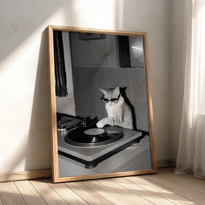 Cool Cat DJ Turntable Poster | Black and White Art Print | Funny Animal Wall Decor | Music Lover Gift | Vintage Style Artwork