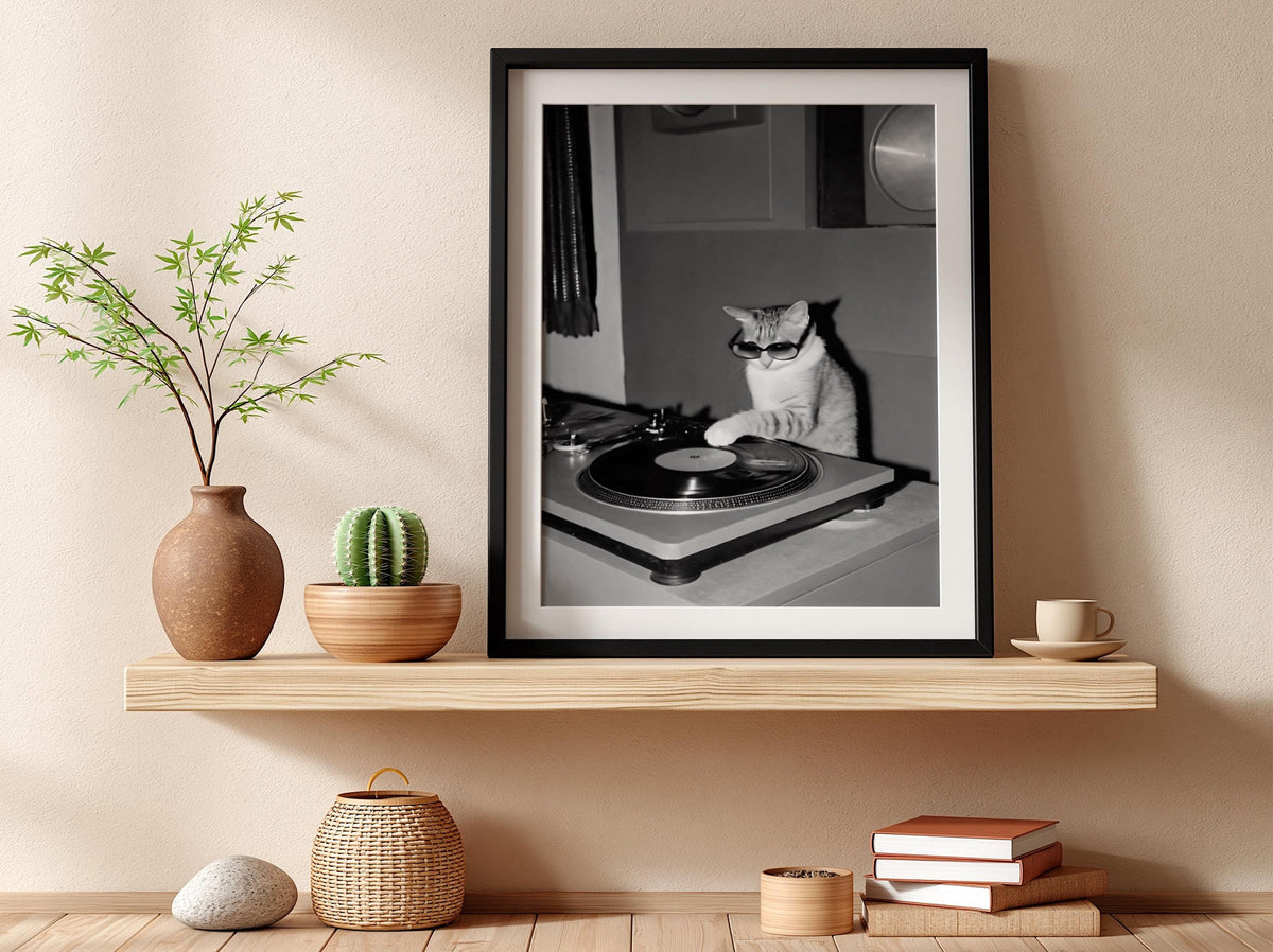Cool Cat DJ Turntable Poster | Black and White Art Print | Funny Animal Wall Decor | Music Lover Gift | Vintage Style Artwork