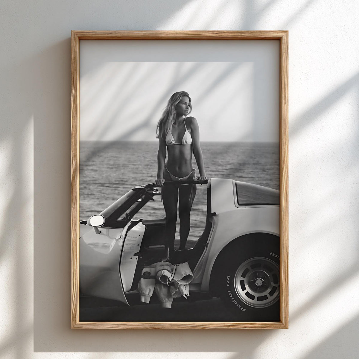 Ocean Cliff Pose Poster | Black and White Photography Print | Classic Car Wall Art | Coastal Road Trip Decor