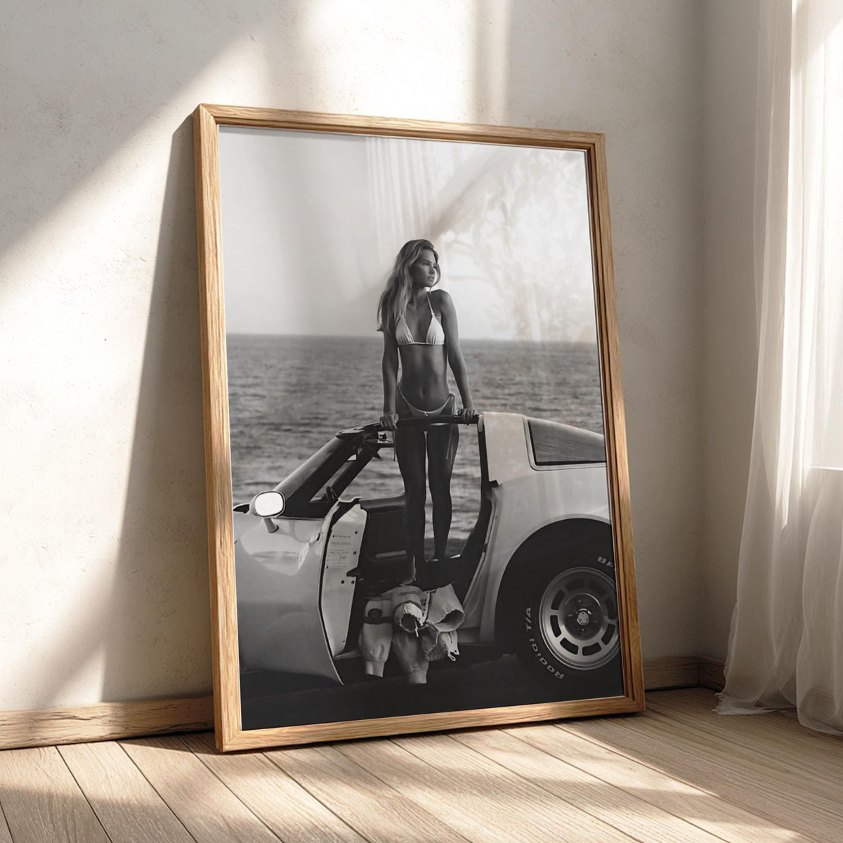 Ocean Cliff Pose Poster | Black and White Photography Print | Classic Car Wall Art | Coastal Road Trip Decor
