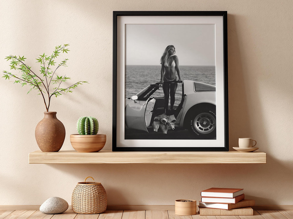 Ocean Cliff Pose Poster | Black and White Photography Print | Classic Car Wall Art | Coastal Road Trip Decor