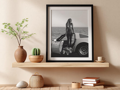 Ocean Cliff Pose Poster | Black and White Photography Print | Classic Car Wall Art | Coastal Road Trip Decor