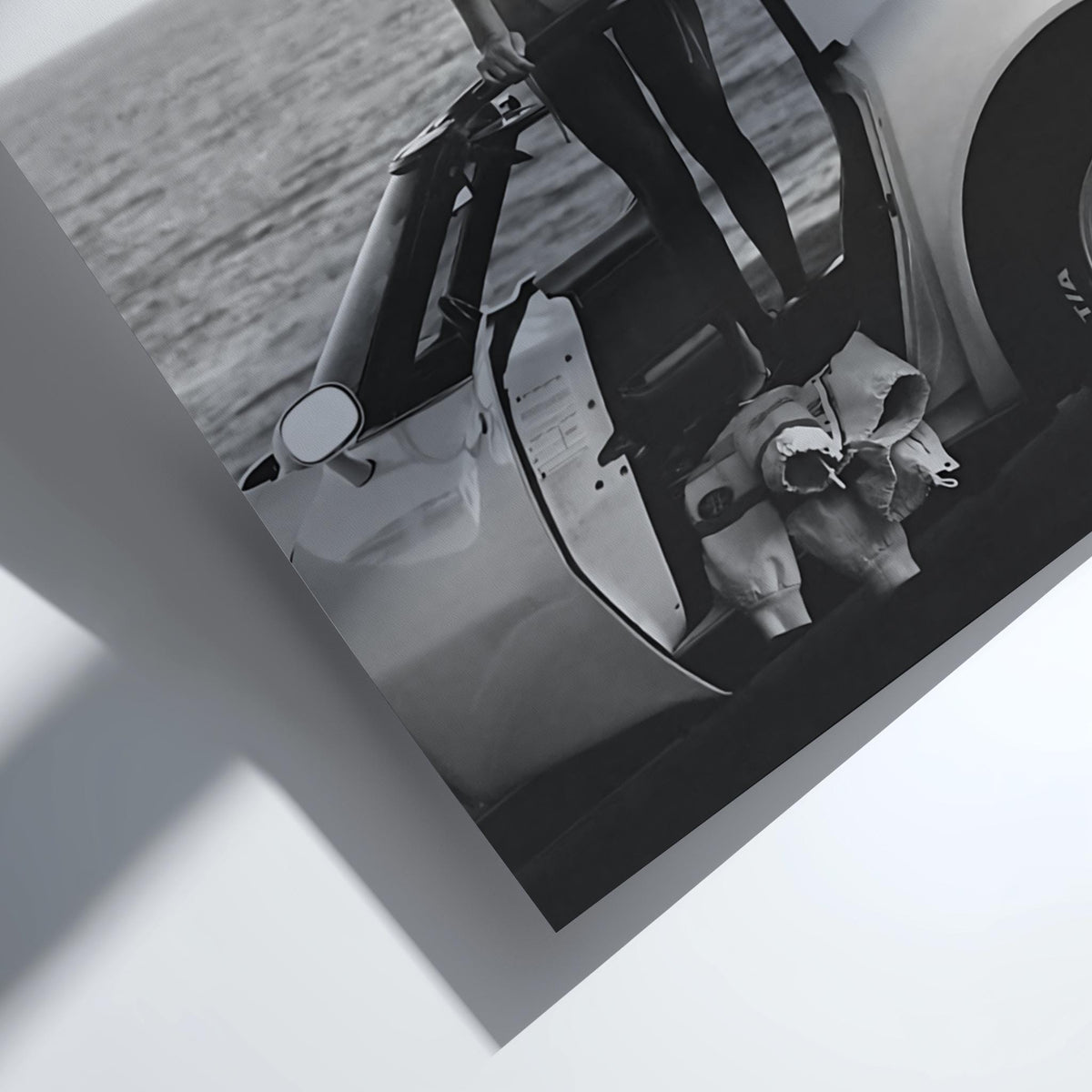 Ocean Cliff Pose Poster | Black and White Photography Print | Classic Car Wall Art | Coastal Road Trip Decor
