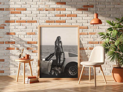 Ocean Cliff Pose Poster | Black and White Photography Print | Classic Car Wall Art | Coastal Road Trip Decor