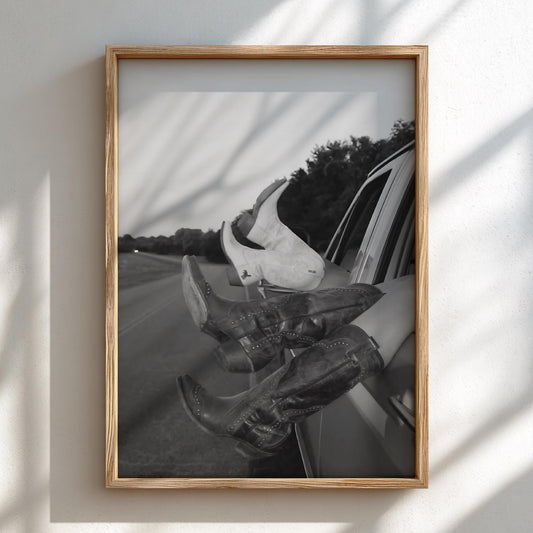 Cowboy Boots Out Car Window Poster | Black and White Photography Print | Western Lifestyle Wall Art | Vintage Road Trip Decor