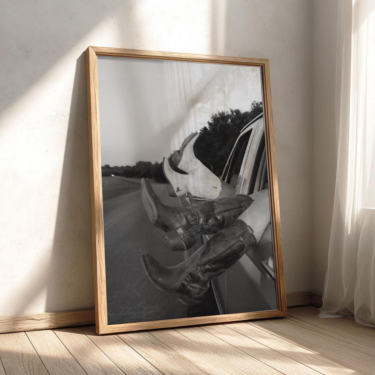 Cowboy Boots Out Car Window Poster | Black and White Photography Print | Western Lifestyle Wall Art | Vintage Road Trip Decor