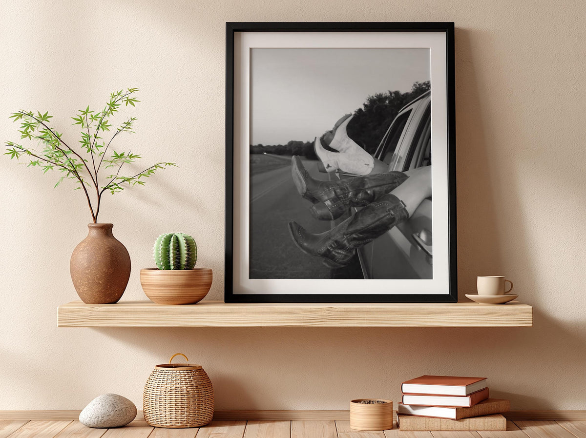 Cowboy Boots Out Car Window Poster | Black and White Photography Print | Western Lifestyle Wall Art | Vintage Road Trip Decor