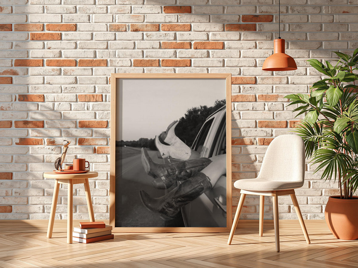 Cowboy Boots Out Car Window Poster | Black and White Photography Print | Western Lifestyle Wall Art | Vintage Road Trip Decor