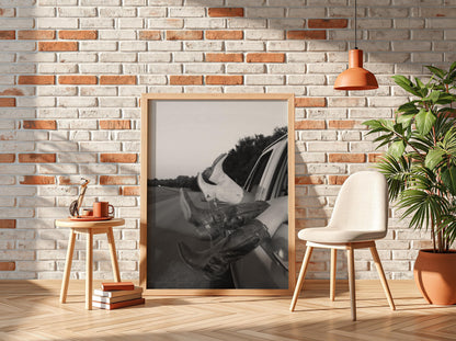 Cowboy Boots Out Car Window Poster | Black and White Photography Print | Western Lifestyle Wall Art | Vintage Road Trip Decor