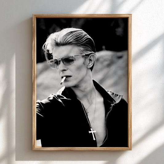 David Bowie Pink Sunglasses Portrait Poster | Black and White Photography Print | Iconic Music Wall Art | Vintage Portrait Decor