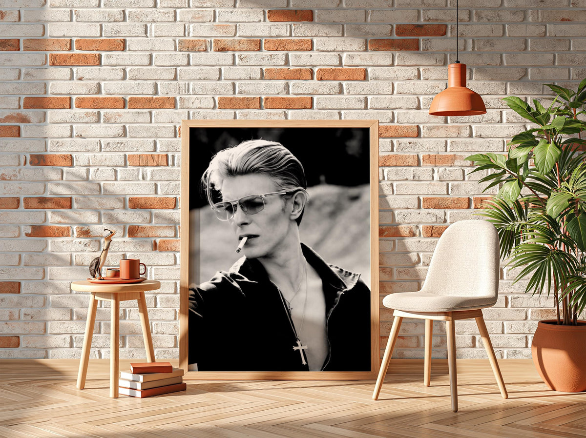 David Bowie Pink Sunglasses Portrait Poster | Black and White Photography Print | Iconic Music Wall Art | Vintage Portrait Decor