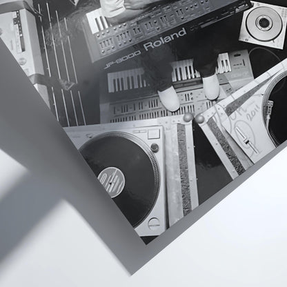 DJ Studio Gear Overhead Poster | Black and White Photography Print | Music Studio Wall Art | Modern Audio Decor