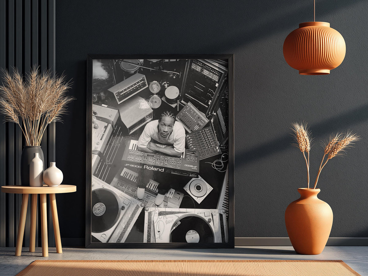 DJ Studio Gear Overhead Poster | Black and White Photography Print | Music Studio Wall Art | Modern Audio Decor