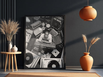 DJ Studio Gear Overhead Poster | Black and White Photography Print | Music Studio Wall Art | Modern Audio Decor