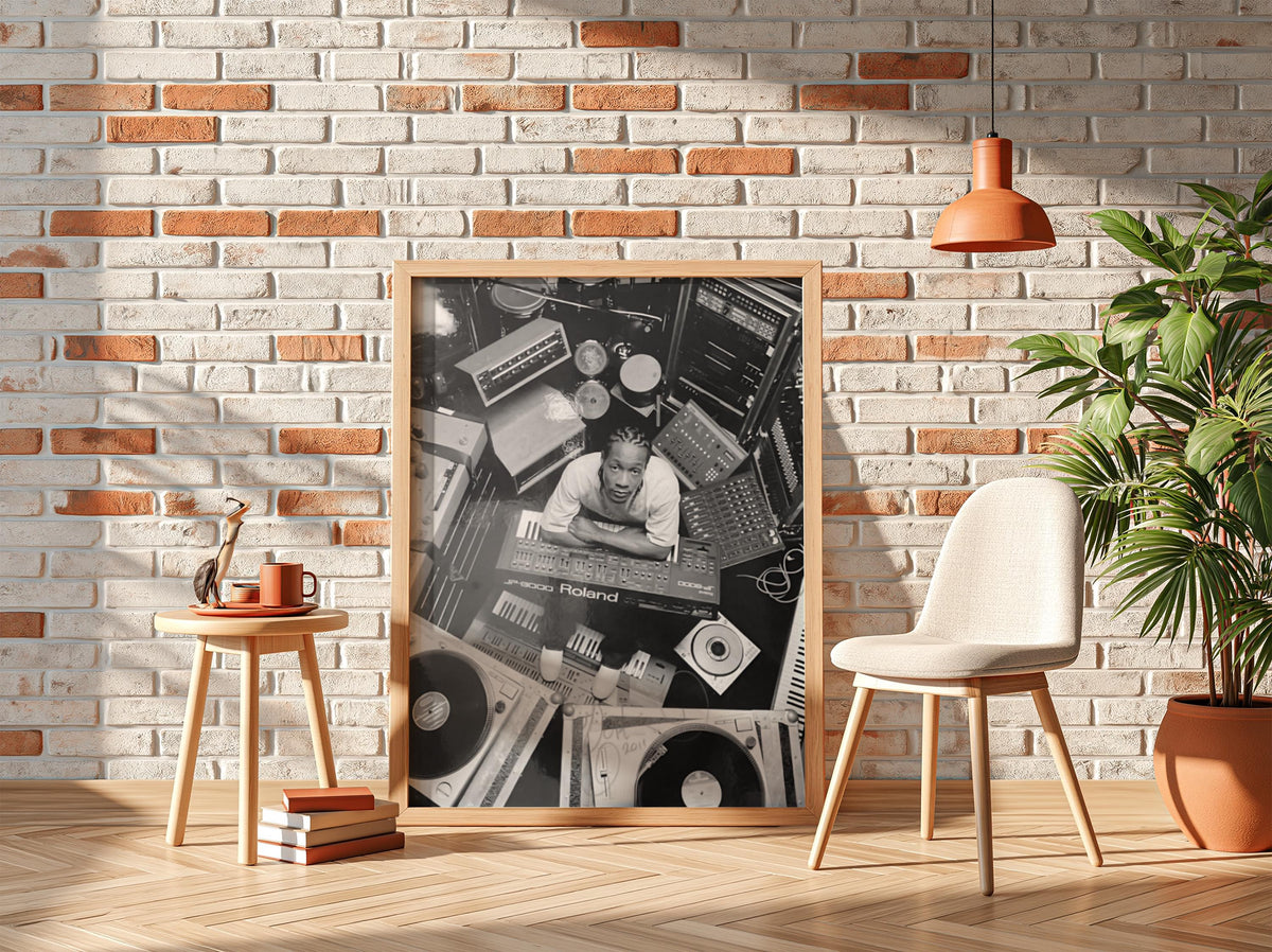 DJ Studio Gear Overhead Poster | Black and White Photography Print | Music Studio Wall Art | Modern Audio Decor