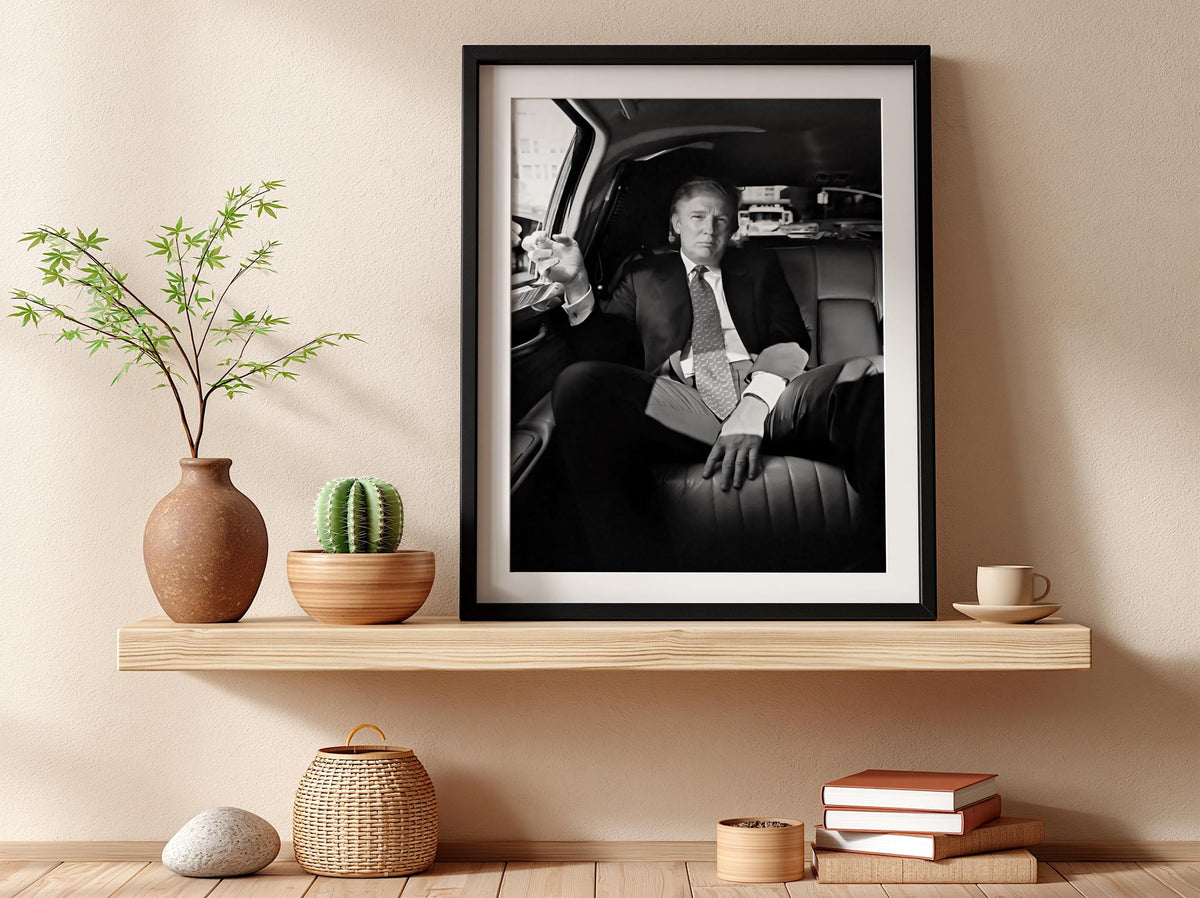 Donald Trump Backseat Limo Portrait Poster | Black and White Photography Print | Luxury Lifestyle Wall Art | Vintage Portrait Decor