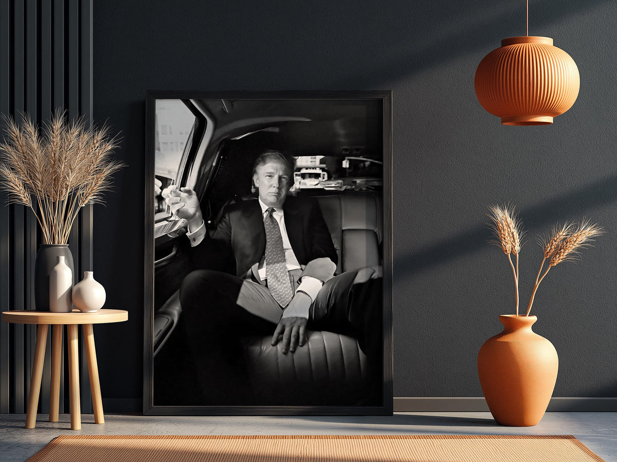 Donald Trump Backseat Limo Portrait Poster | Black and White Photography Print | Luxury Lifestyle Wall Art | Vintage Portrait Decor