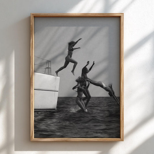 Friends Leaping Off Yacht Poster | Black and White Photography Print | Summer Adventure Wall Art | Ocean Lifestyle Decor