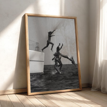 Friends Leaping Off Yacht Poster | Black and White Photography Print | Summer Adventure Wall Art | Ocean Lifestyle Decor