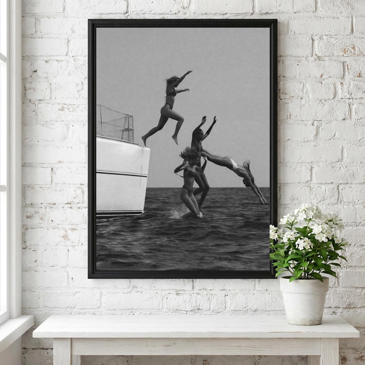 Friends Leaping Off Yacht Poster | Black and White Photography Print | Summer Adventure Wall Art | Ocean Lifestyle Decor