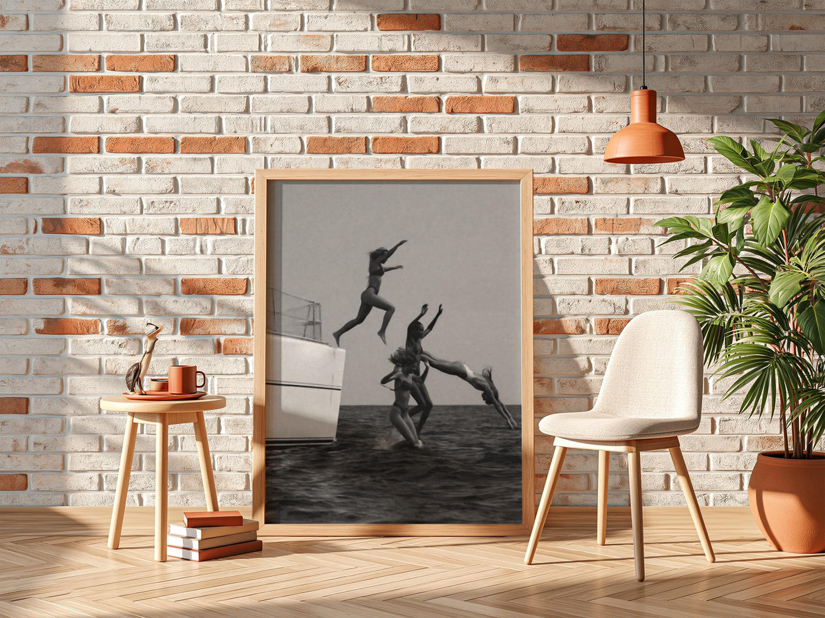 Friends Leaping Off Yacht Poster | Black and White Photography Print | Summer Adventure Wall Art | Ocean Lifestyle Decor