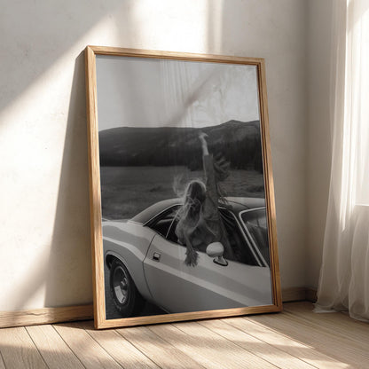 Fringe Jacket Mountain Road Trip Poster | Black and White Photography Print | Western Adventure Wall Art | Vintage Travel Decor