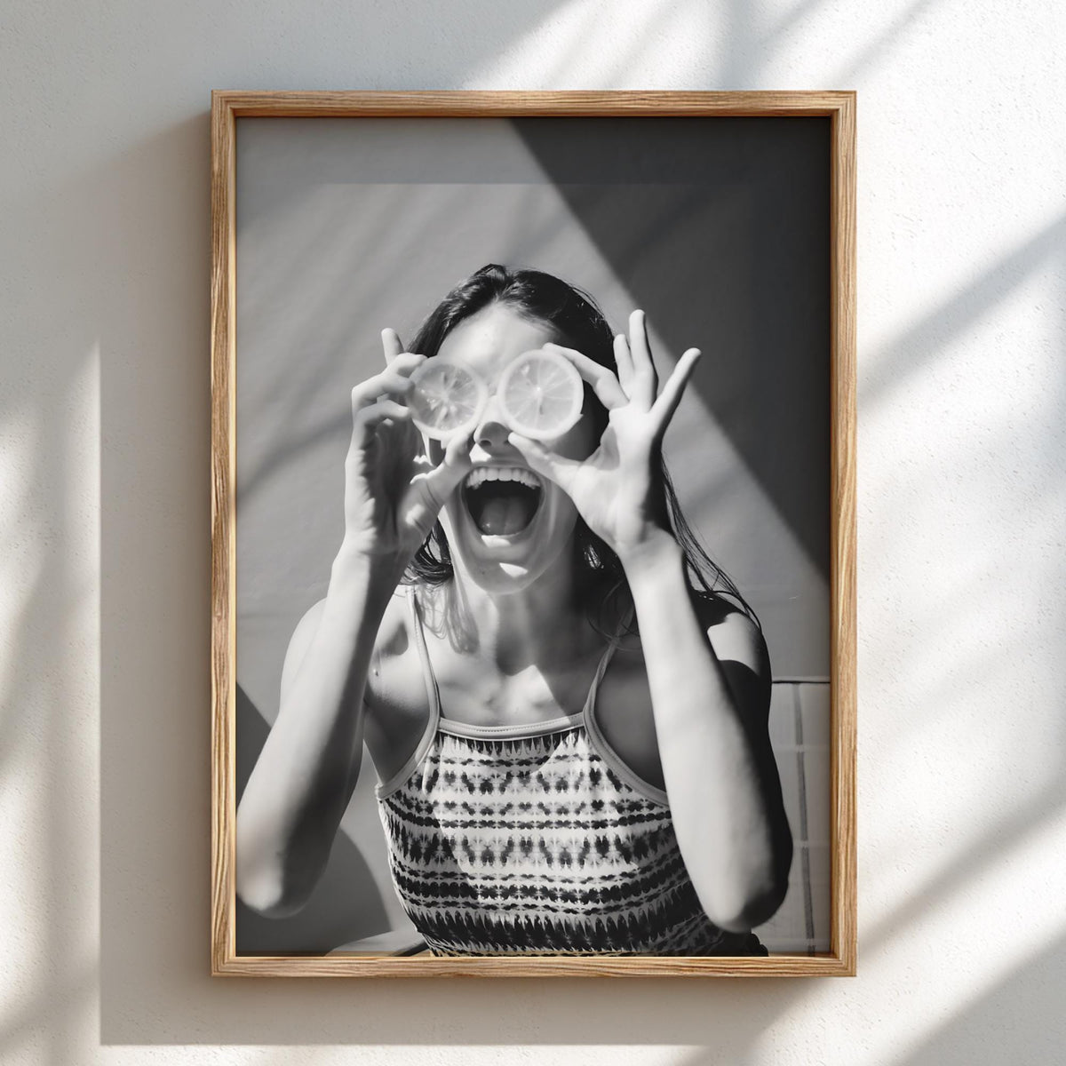 Girl With Citrus Slice Eyes Poster | Black and White Photography Print | Vintage Portrait Wall Art | Retro Fashion Photography Decor