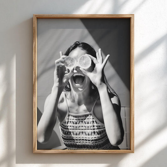 Girl With Citrus Slice Eyes Poster | Black and White Photography Print | Vintage Portrait Wall Art | Retro Fashion Photography Decor