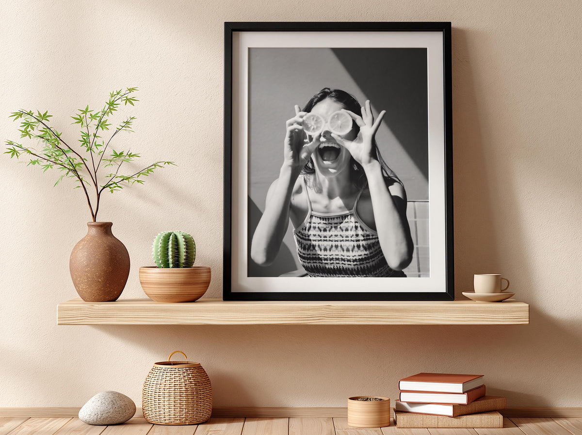 Girl With Citrus Slice Eyes Poster | Black and White Photography Print | Vintage Portrait Wall Art | Retro Fashion Photography Decor